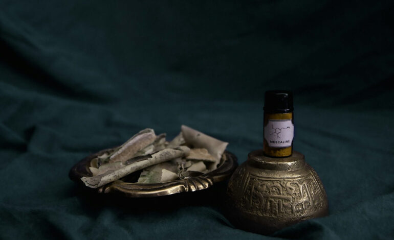 Traditional setup featuring a small jar labeled 'Mescaline' alongside a brass dish holding dried herbs, representing a cultural perspective on drug treatment.